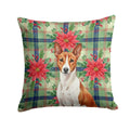 Red and White Basenji Christmas PoinsettIas Decorative Throw Pillow 14x14 Indoor Outdoor Accent Cushion, Fabric Cover with Insert for Sofa, Bed, Porch & Living Room