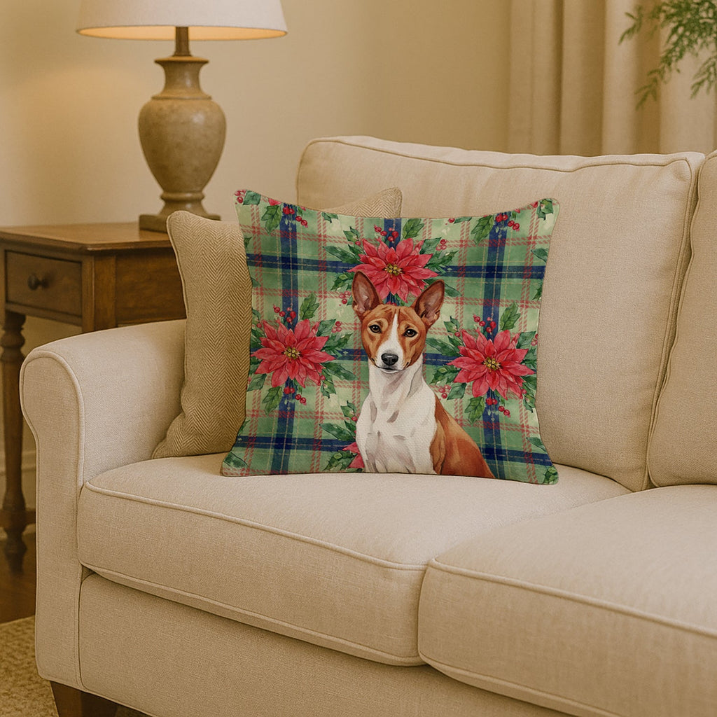 Red and White Basenji Christmas PoinsettIas Decorative Throw Pillow 14x14 Indoor Outdoor Accent Cushion, Fabric Cover with Insert for Sofa, Bed, Porch & Living Room