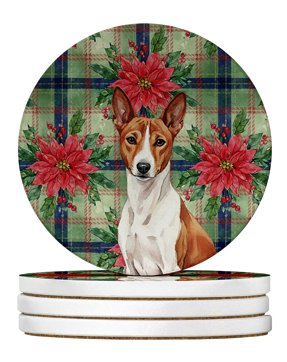 Red and White Basenji Christmas PoinsettIas Large Sandstone Coasters Pack of 4 Absorbent Round Coasters Decor Gifts for Men or Women, 4 in, Multicolor