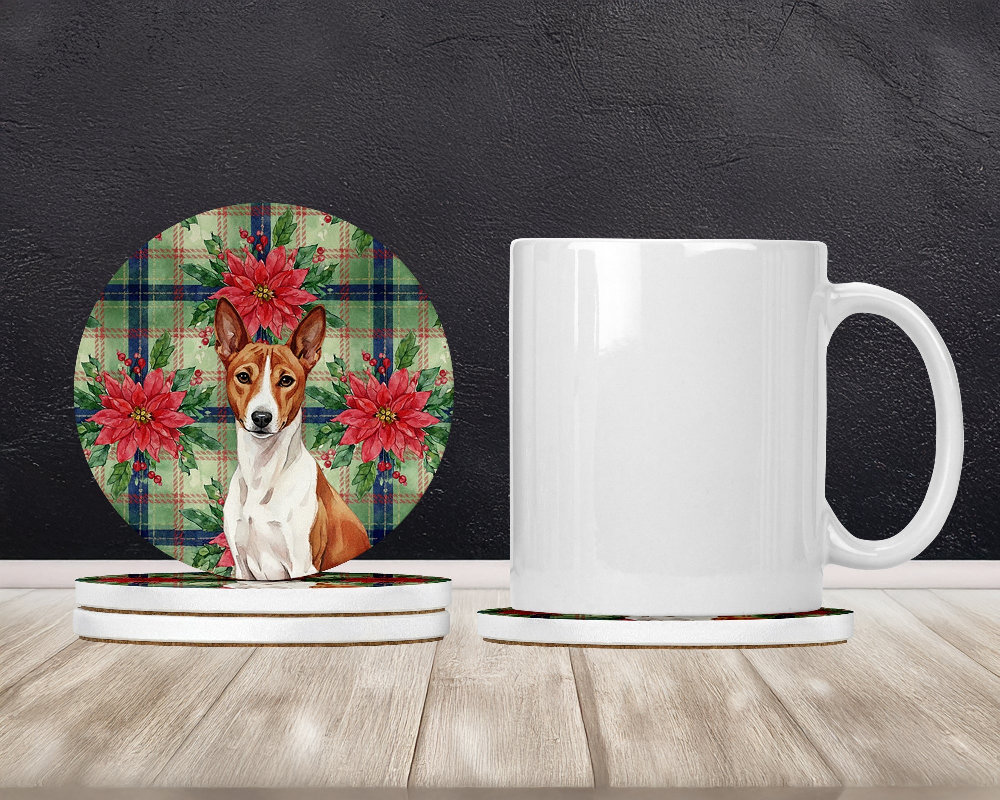 Red and White Basenji Christmas PoinsettIas Large Sandstone Coasters Pack of 4 Absorbent Round Coasters Decor Gifts for Men or Women, 4 in, Multicolor