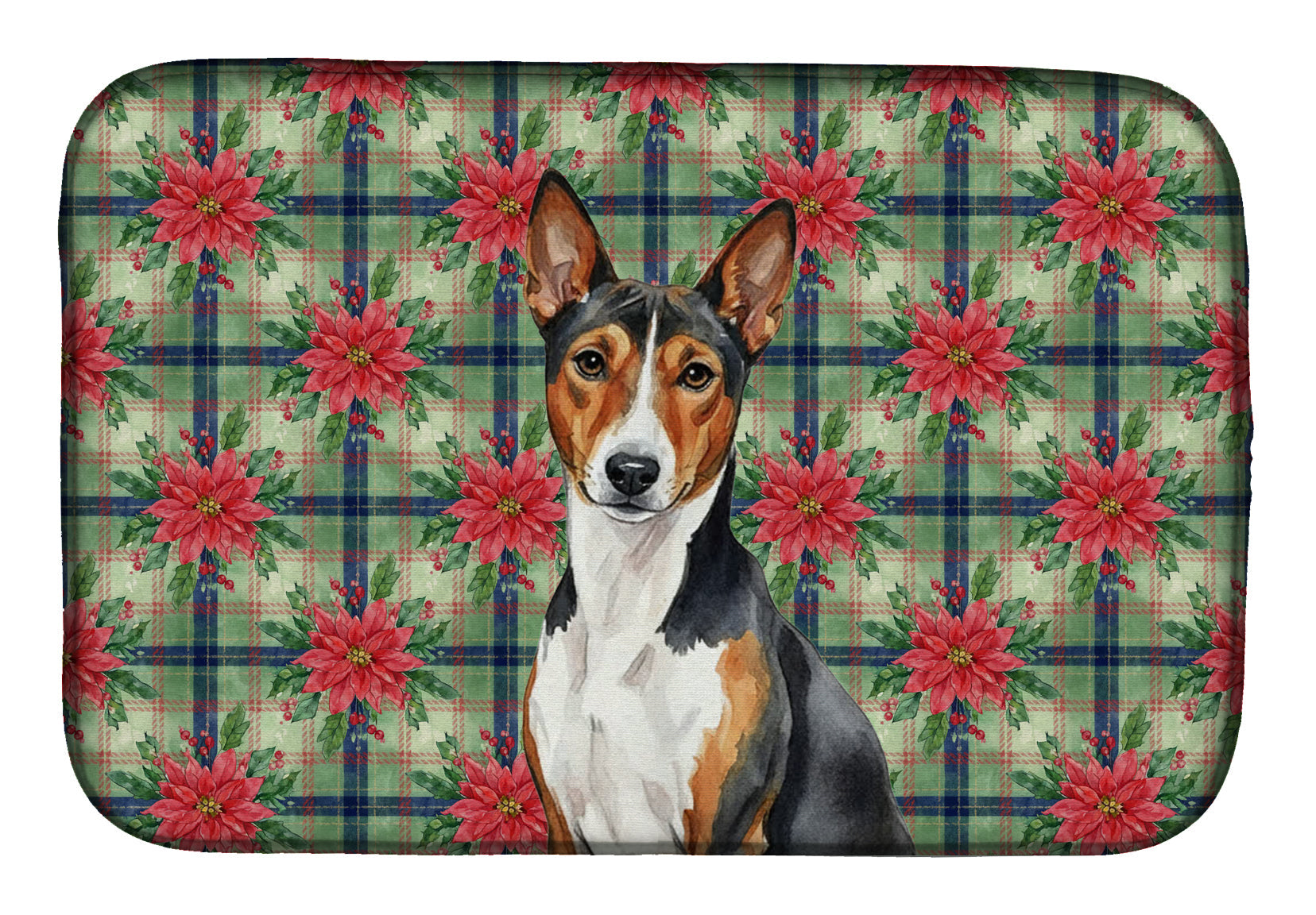 Tricolor and White Basenji Christmas PoinsettIas Dish Drying Mat Absorbent Dish Drying Mat Pad for Kitchen Counter Dish Drainer Mat for Countertop, 14 x 21", Multicolor