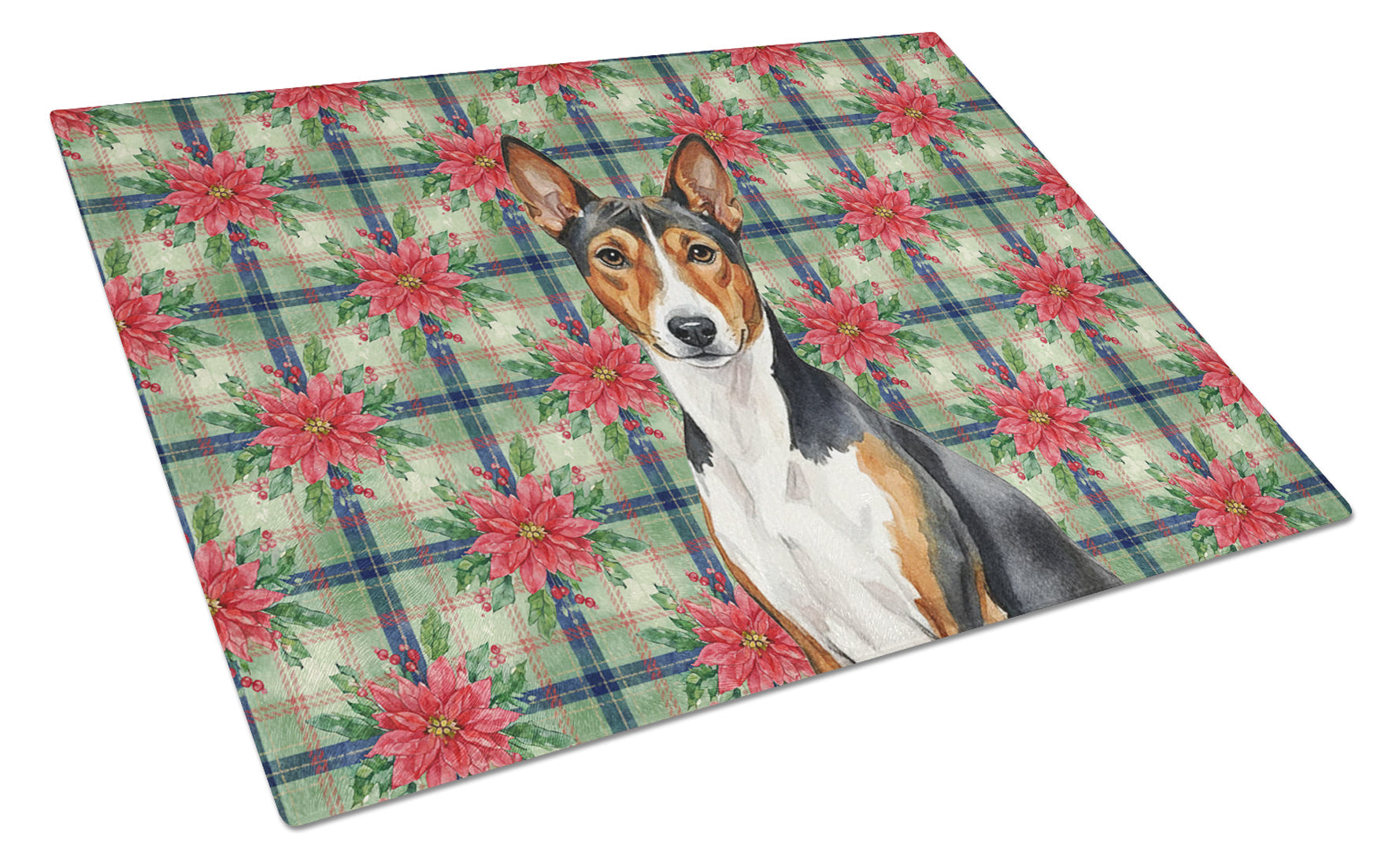 Tricolor and White Basenji Christmas PoinsettIas Cutting Board Tempered Glass Kitchen Cutting Surface, Heat Resistant Chopping, Non-Slip Feet, Food Prep & Serving