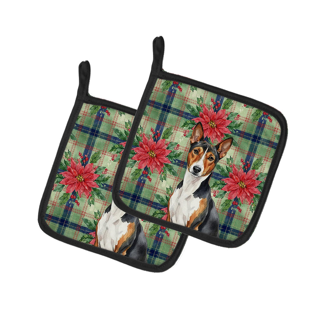 Tricolor and White Basenji Christmas PoinsettIas Pot Holder Set of 2 Heat Resistant Quilted Hot Pads 7.5 x 7.5 Inch, Insulated Kitchen Trivets for Cooking & Baking