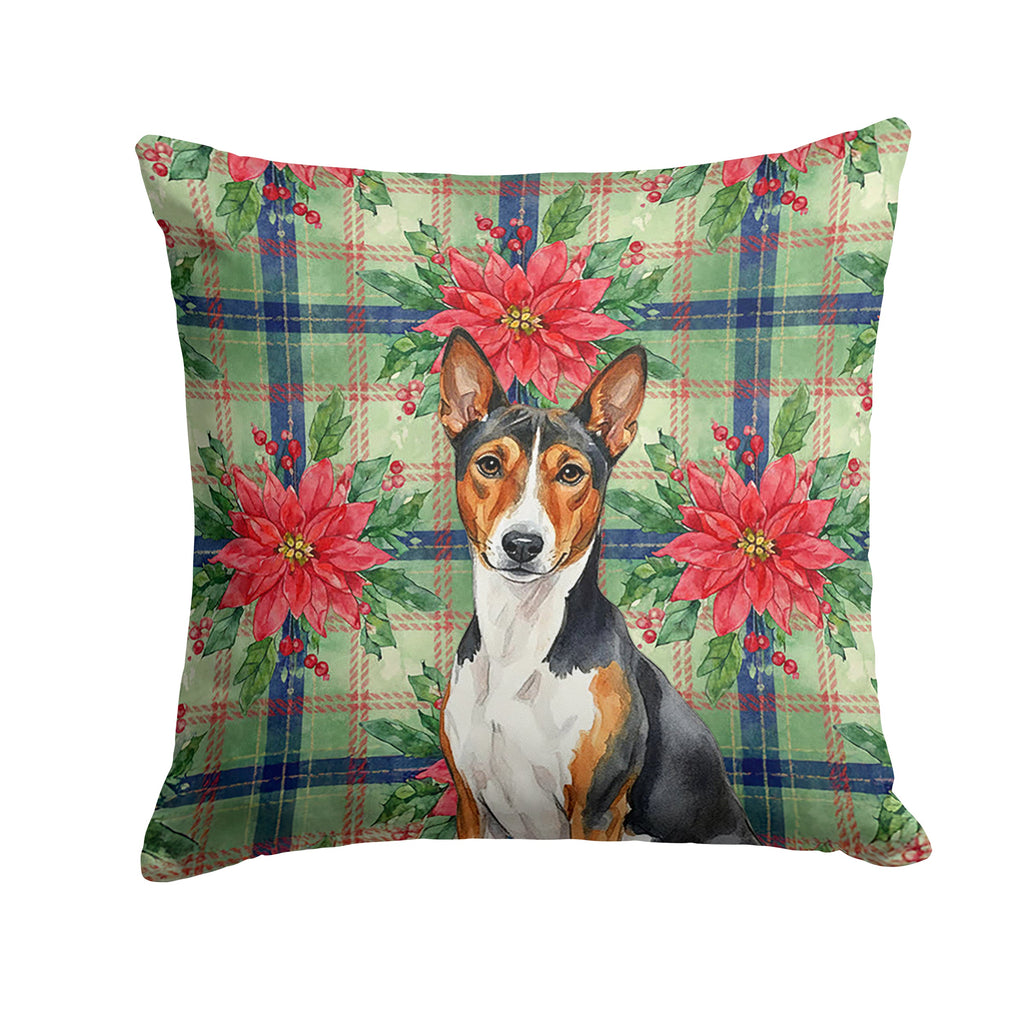 Tricolor and White Basenji Christmas PoinsettIas Decorative Throw Pillow 14x14 Indoor Outdoor Accent Cushion, Fabric Cover with Insert for Sofa, Bed, Porch & Living Room