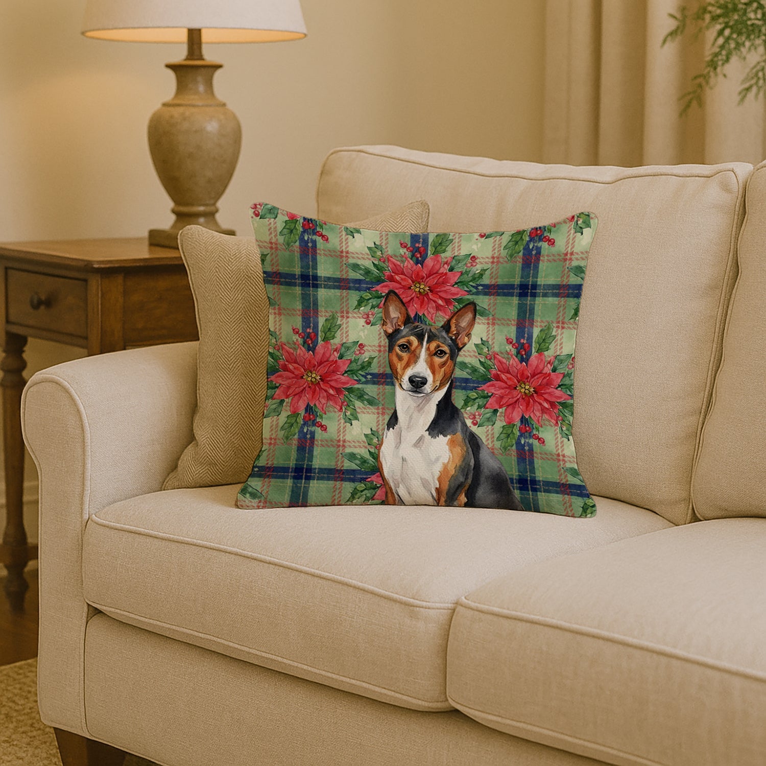Tricolor and White Basenji Christmas PoinsettIas Decorative Throw Pillow 14x14 Indoor Outdoor Accent Cushion, Fabric Cover with Insert for Sofa, Bed, Porch & Living Room
