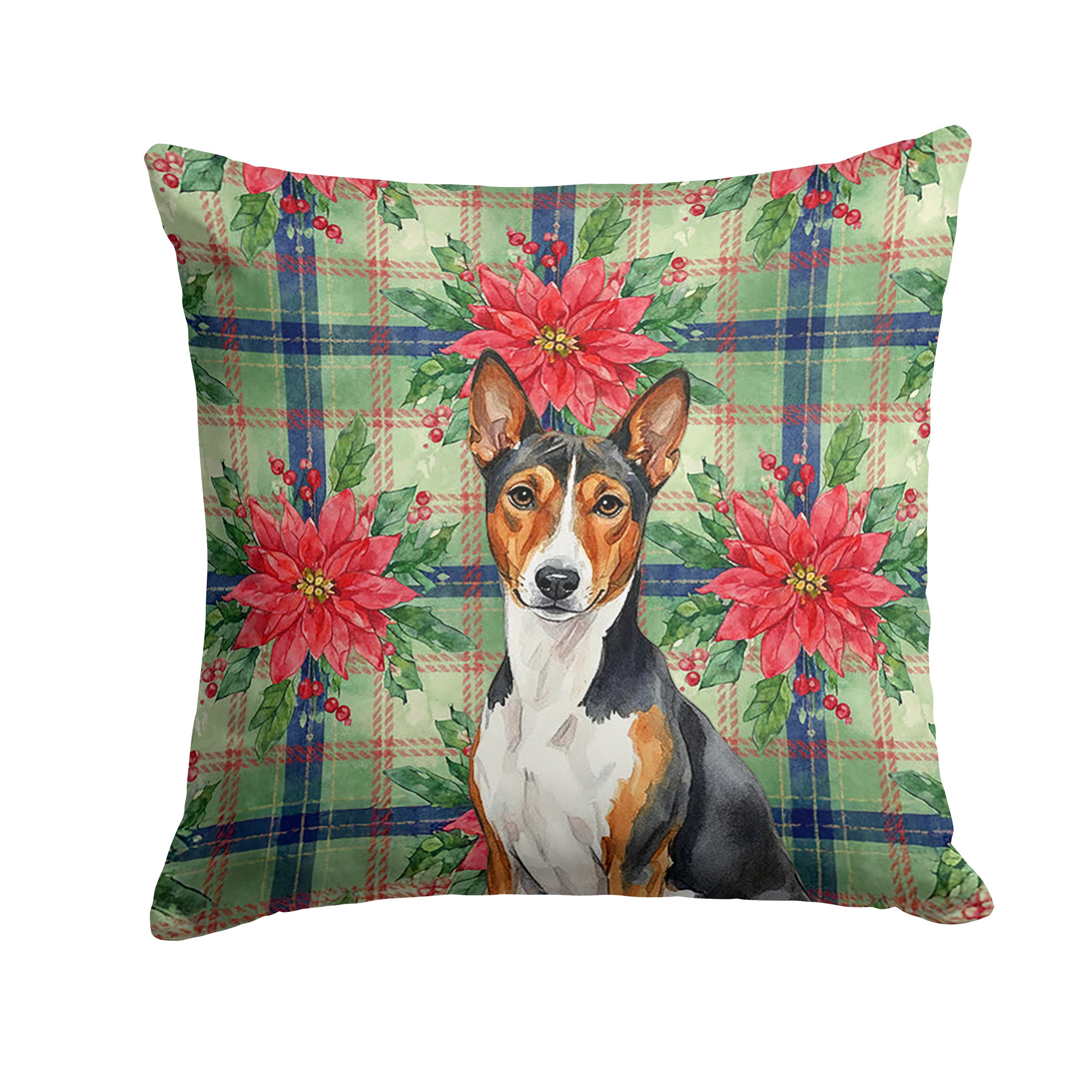 Tricolor and White Basenji Christmas PoinsettIas Decorative Throw Pillow 18x18 Indoor Outdoor Accent Cushion, Fabric Cover with Insert for Sofa, Bed, Porch & Living Room