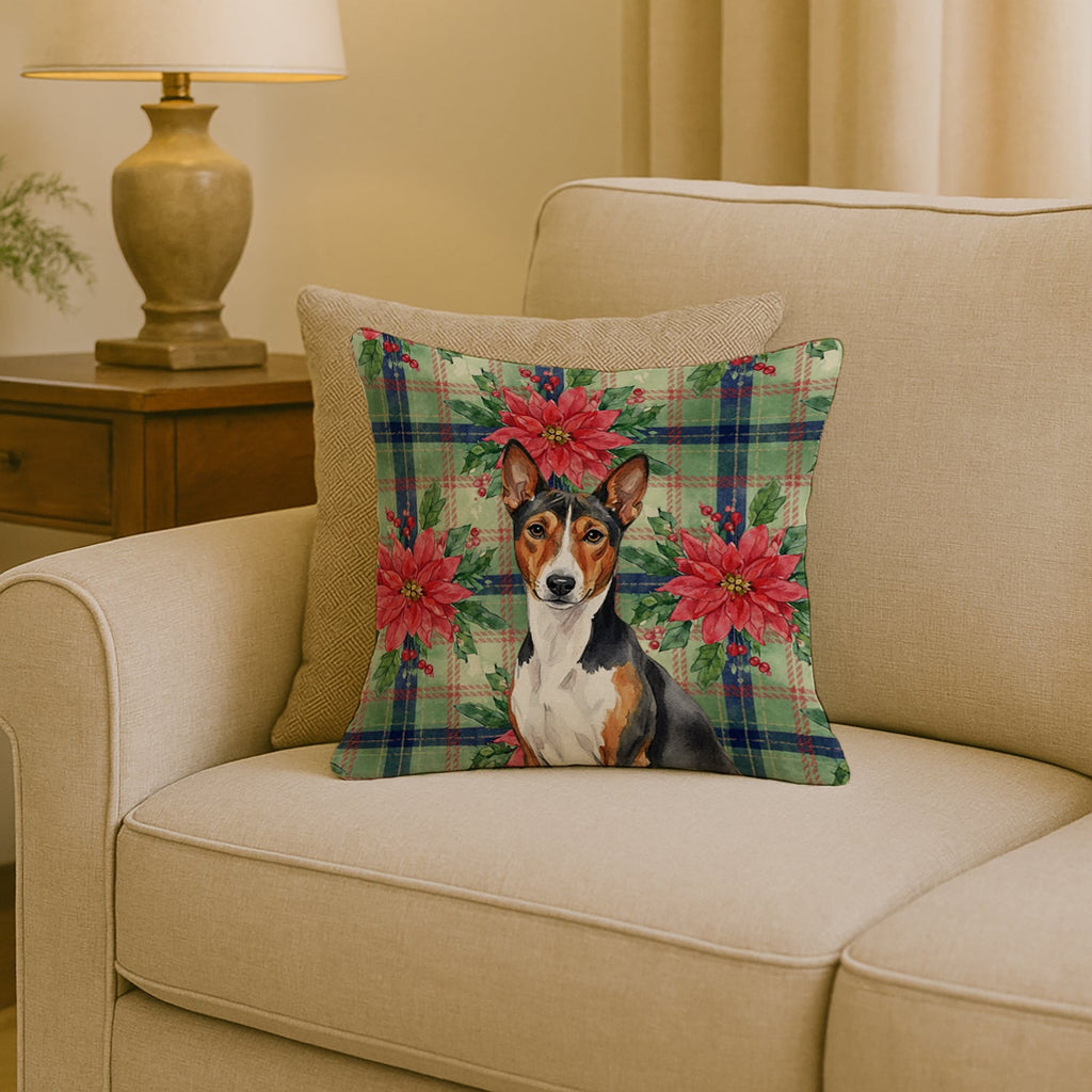 Tricolor and White Basenji Christmas PoinsettIas Decorative Throw Pillow 18x18 Indoor Outdoor Accent Cushion, Fabric Cover with Insert for Sofa, Bed, Porch & Living Room