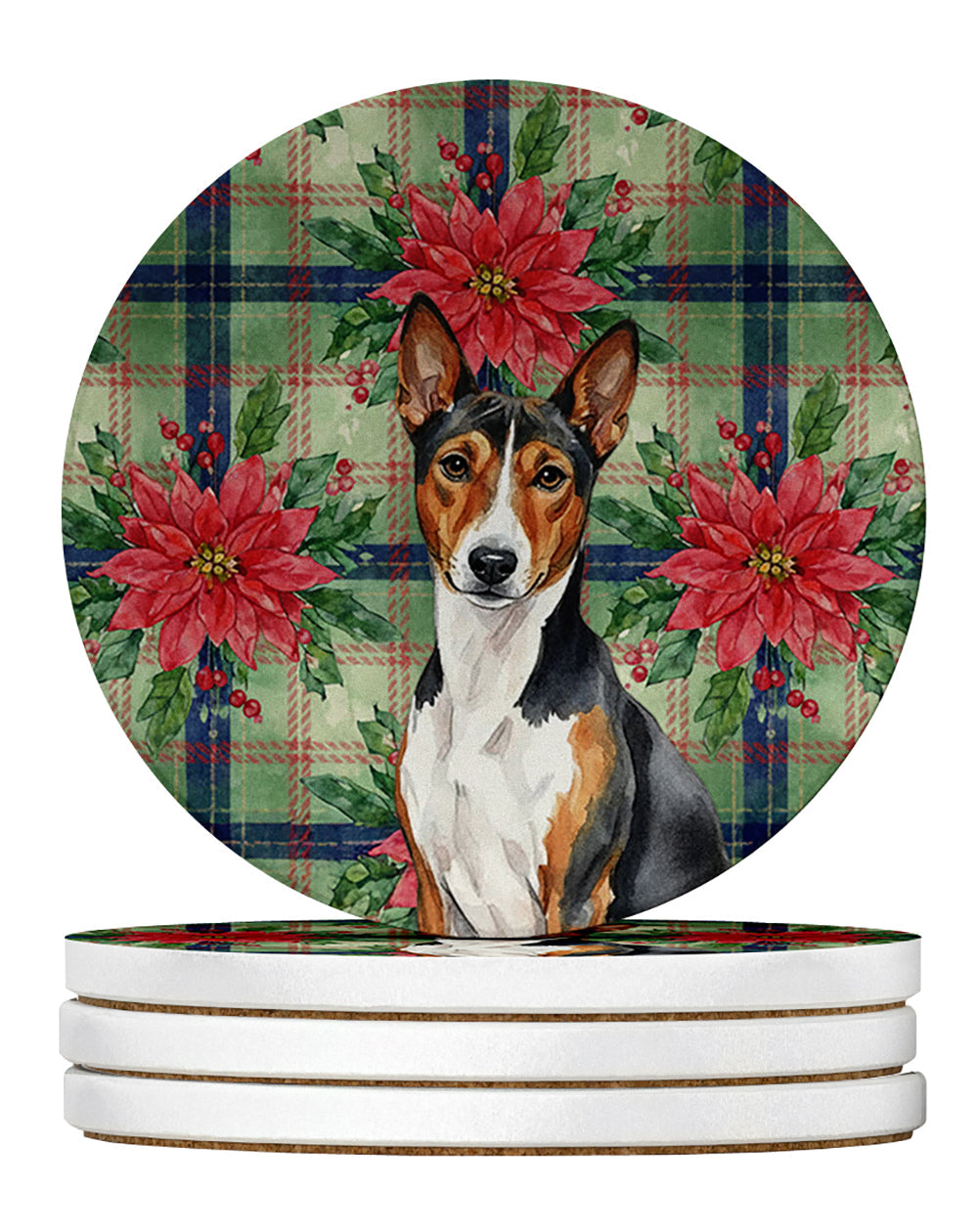Tricolor and White Basenji Christmas PoinsettIas Large Sandstone Coasters Pack of 4 Absorbent Round Coasters Decor Gifts for Men or Women, 4 in, Multicolor