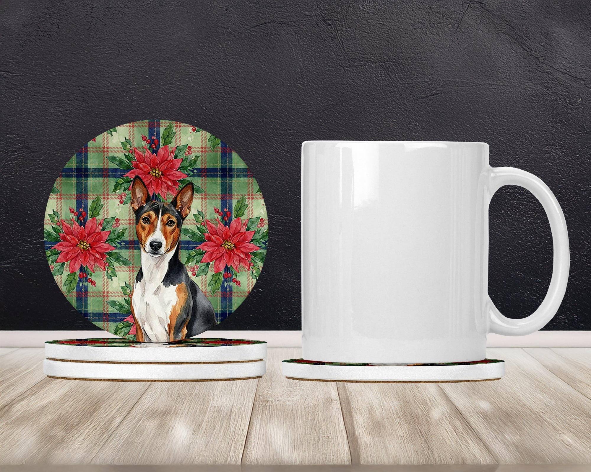 Tricolor and White Basenji Christmas PoinsettIas Large Sandstone Coasters Pack of 4 Absorbent Round Coasters Decor Gifts for Men or Women, 4 in, Multicolor