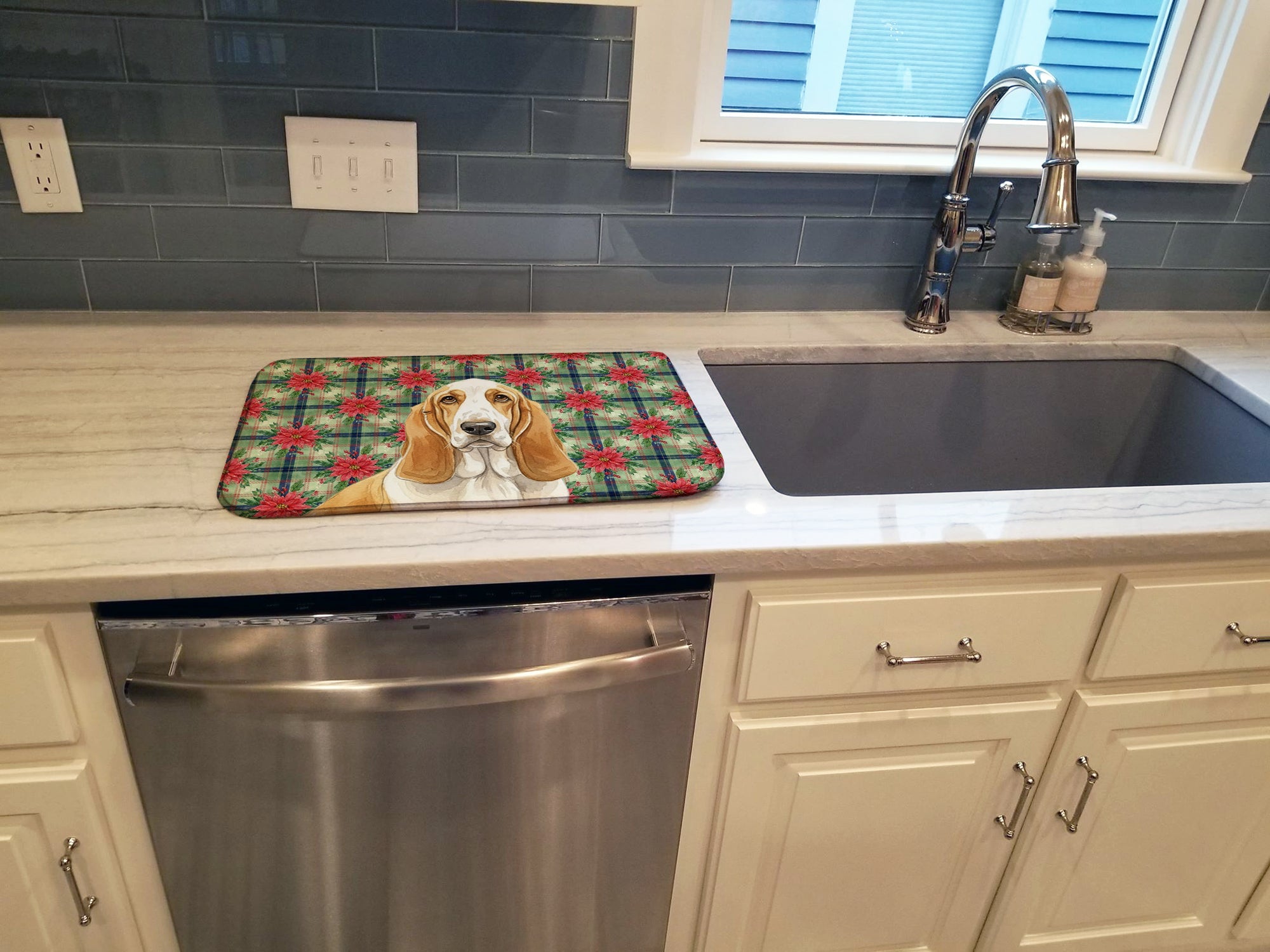Lemon and White Basset Hound Christmas PoinsettIas Dish Drying Mat Absorbent Dish Drying Mat Pad for Kitchen Counter Dish Drainer Mat for Countertop, 14 x 21", Multicolor