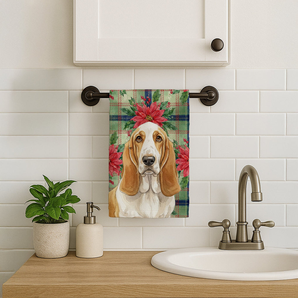 Lemon and White Basset Hound Christmas PoinsettIas Kitchen Towel Velour Plush Front and Cotton Loop Back Machine Washable
