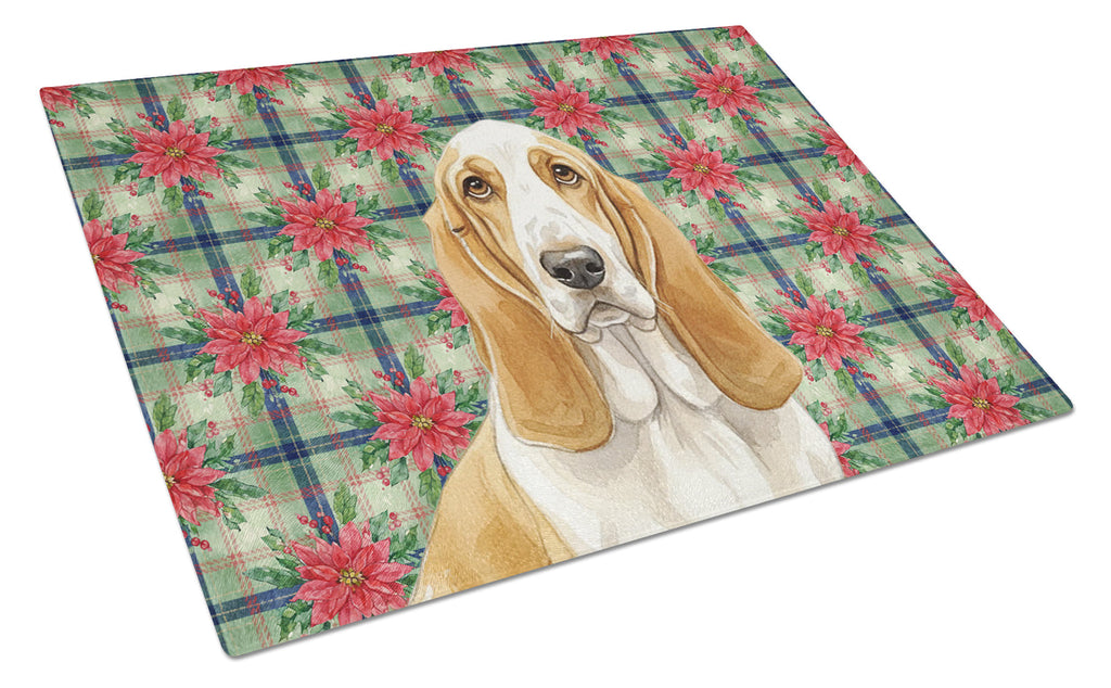 Lemon and White Basset Hound Christmas PoinsettIas Cutting Board Tempered Glass Kitchen Cutting Surface, Heat Resistant Chopping, Non-Slip Feet, Food Prep & Serving