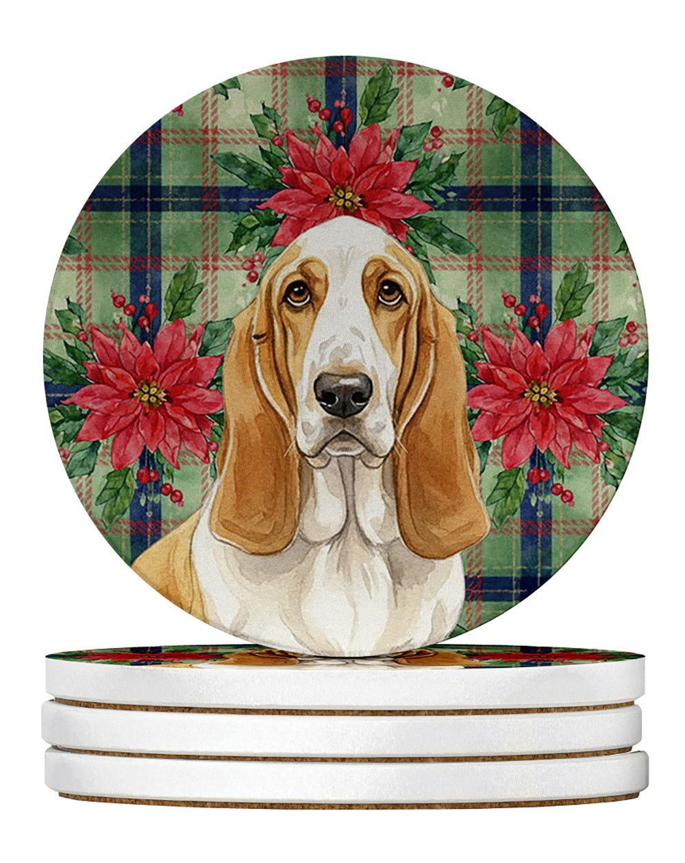Lemon and White Basset Hound Christmas PoinsettIas Large Sandstone Coasters Pack of 4 Absorbent Round Coasters Decor Gifts for Men or Women, 4 in, Multicolor