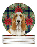 Lemon and White Basset Hound Christmas PoinsettIas Large Sandstone Coasters Pack of 4 Absorbent Round Coasters Decor Gifts for Men or Women, 4 in, Multicolor