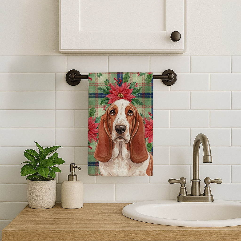 Red and White Basset Hound Christmas PoinsettIas Kitchen Towel Velour Plush Front and Cotton Loop Back Machine Washable