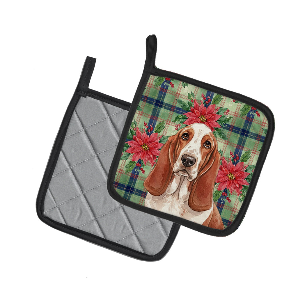 Red and White Basset Hound Christmas PoinsettIas Pot Holder Set of 2 Heat Resistant Quilted Hot Pads 7.5 x 7.5 Inch, Insulated Kitchen Trivets for Cooking & Baking
