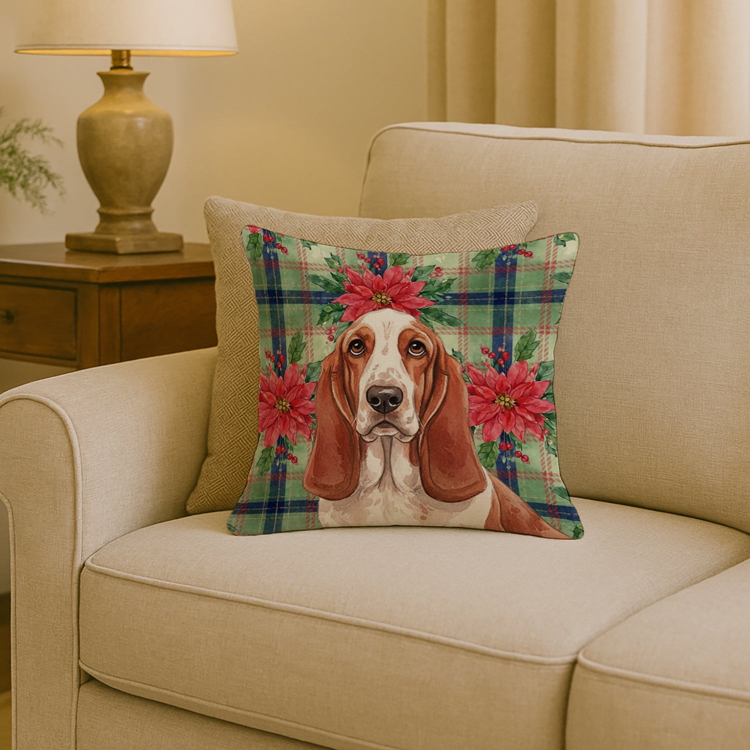 Red and White Basset Hound Christmas PoinsettIas Decorative Throw Pillow 18x18 Indoor Outdoor Accent Cushion, Fabric Cover with Insert for Sofa, Bed, Porch & Living Room