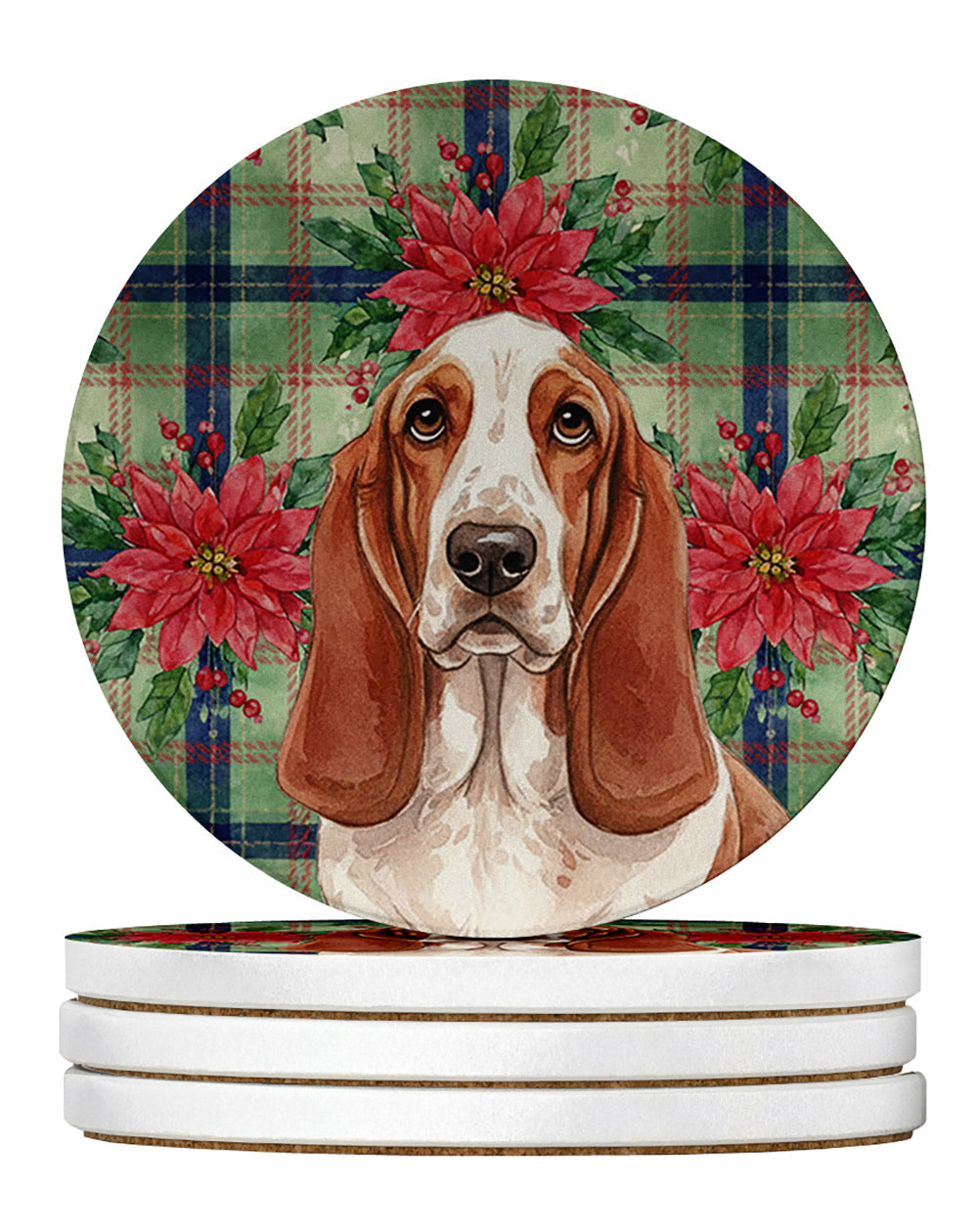 Red and White Basset Hound Christmas PoinsettIas Large Sandstone Coasters Pack of 4 Absorbent Round Coasters Decor Gifts for Men or Women, 4 in, Multicolor