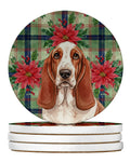 Red and White Basset Hound Christmas PoinsettIas Large Sandstone Coasters Pack of 4 Absorbent Round Coasters Decor Gifts for Men or Women, 4 in, Multicolor
