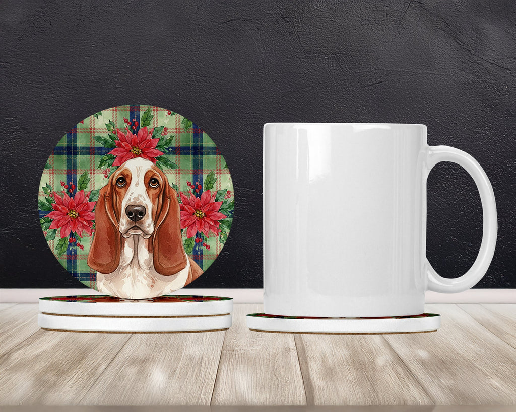 Red and White Basset Hound Christmas PoinsettIas Large Sandstone Coasters Pack of 4 Absorbent Round Coasters Decor Gifts for Men or Women, 4 in, Multicolor