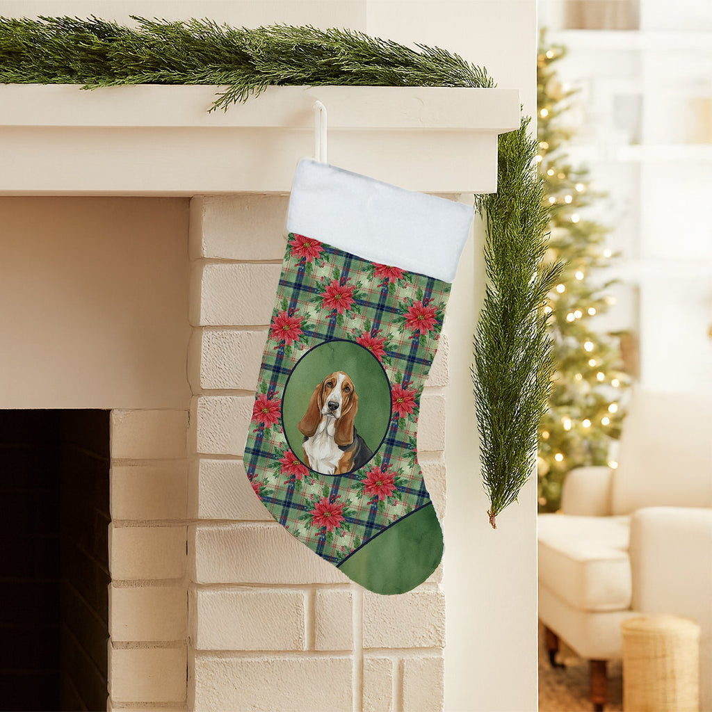 Tricolor and White Basset Hound Christmas PoinsettIas Holiday Stocking Double-Sided Print, Polyester Suede,11x18, Made in USA