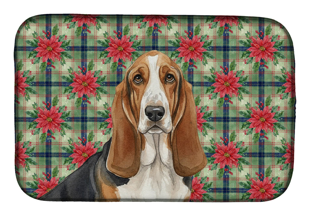 Tricolor and White Basset Hound Christmas PoinsettIas Dish Drying Mat Absorbent Dish Drying Mat Pad for Kitchen Counter Dish Drainer Mat for Countertop, 14 x 21", Multicolor