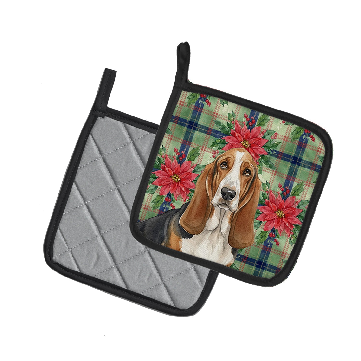 Tricolor and White Basset Hound Christmas PoinsettIas Pot Holder Set of 2 Heat Resistant Quilted Hot Pads 7.5 x 7.5 Inch, Insulated Kitchen Trivets for Cooking & Baking