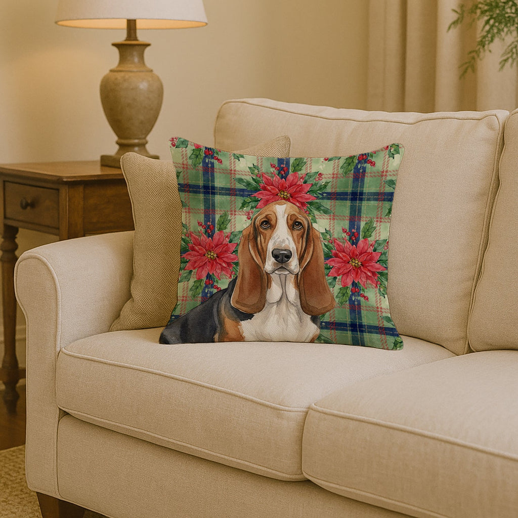 Tricolor and White Basset Hound Christmas PoinsettIas Decorative Throw Pillow 14x14 Indoor Outdoor Accent Cushion, Fabric Cover with Insert for Sofa, Bed, Porch & Living Room