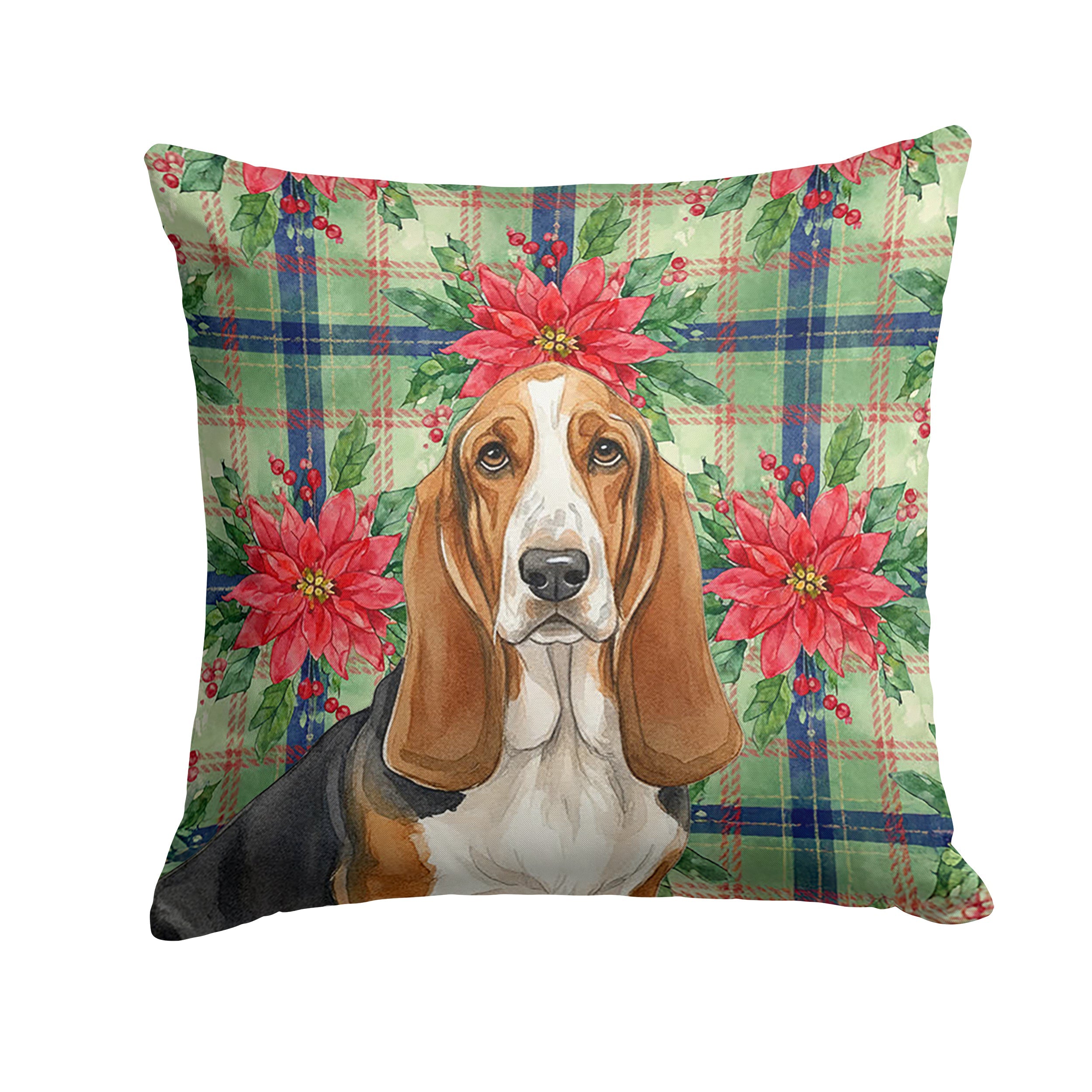 Tricolor and White Basset Hound Christmas PoinsettIas Decorative Throw Pillow 18x18 Indoor Outdoor Accent Cushion, Fabric Cover with Insert for Sofa, Bed, Porch & Living Room