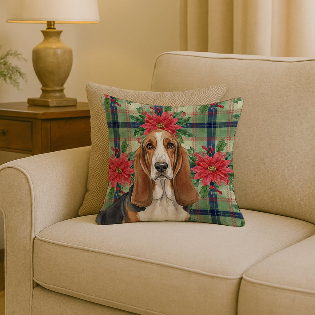 Tricolor and White Basset Hound Christmas PoinsettIas Decorative Throw Pillow 18x18 Indoor Outdoor Accent Cushion, Fabric Cover with Insert for Sofa, Bed, Porch & Living Room