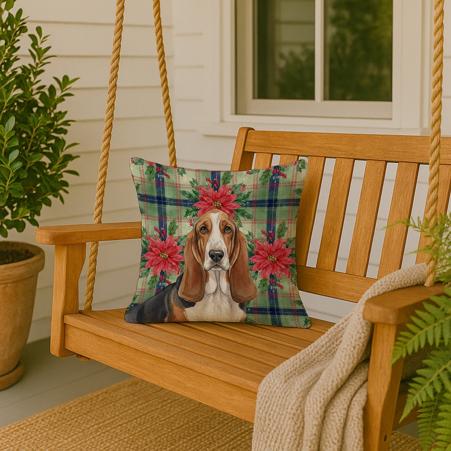 Tricolor and White Basset Hound Christmas PoinsettIas Decorative Throw Pillow 18x18 Indoor Outdoor Accent Cushion, Fabric Cover with Insert for Sofa, Bed, Porch & Living Room