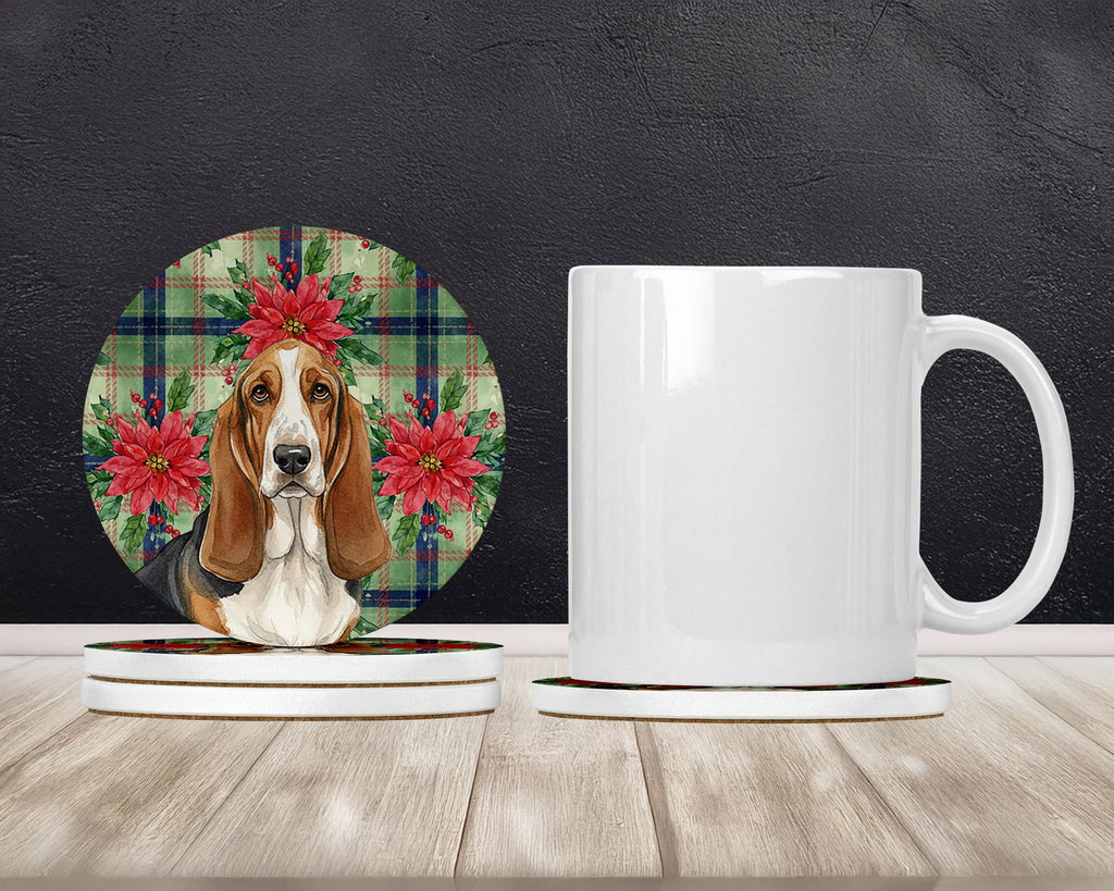 Tricolor and White Basset Hound Christmas PoinsettIas Large Sandstone Coasters Pack of 4 Absorbent Round Coasters Decor Gifts for Men or Women, 4 in, Multicolor