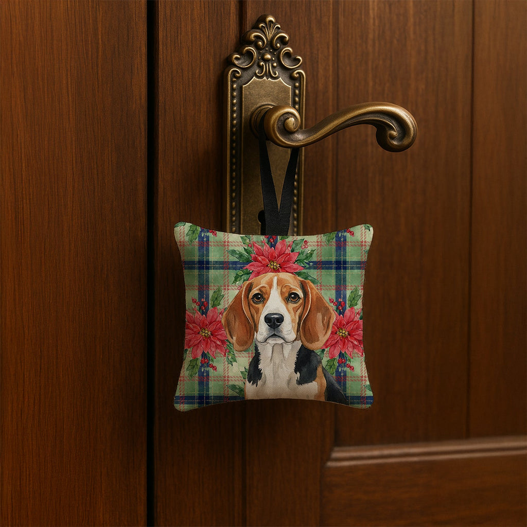 Beagle Christmas PoinsettIas Hanging Square Fabric Ornament 3.5 � 3.5 Decorative Door-Knob & Tree Hanger, Soft Fabric