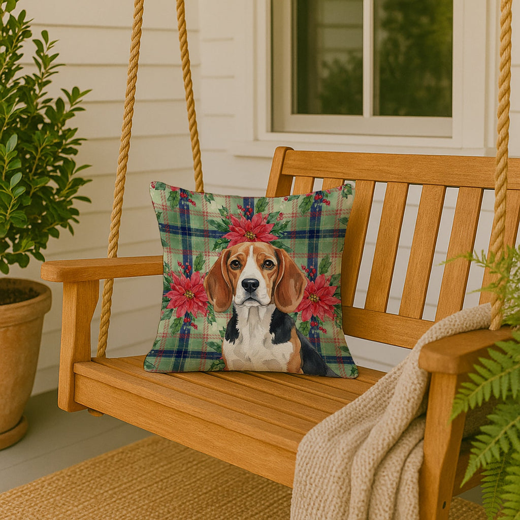 Beagle Christmas PoinsettIas Decorative Throw Pillow 18x18 Indoor Outdoor Accent Cushion, Fabric Cover with Insert for Sofa, Bed, Porch & Living Room