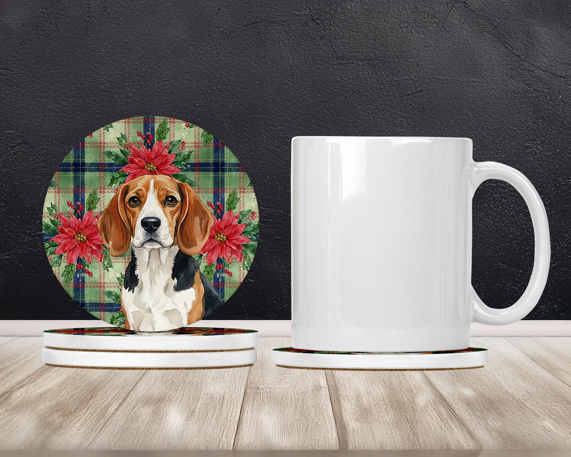 Beagle Christmas PoinsettIas Large Sandstone Coasters Pack of 4 Absorbent Round Coasters Decor Gifts for Men or Women, 4 in, Multicolor