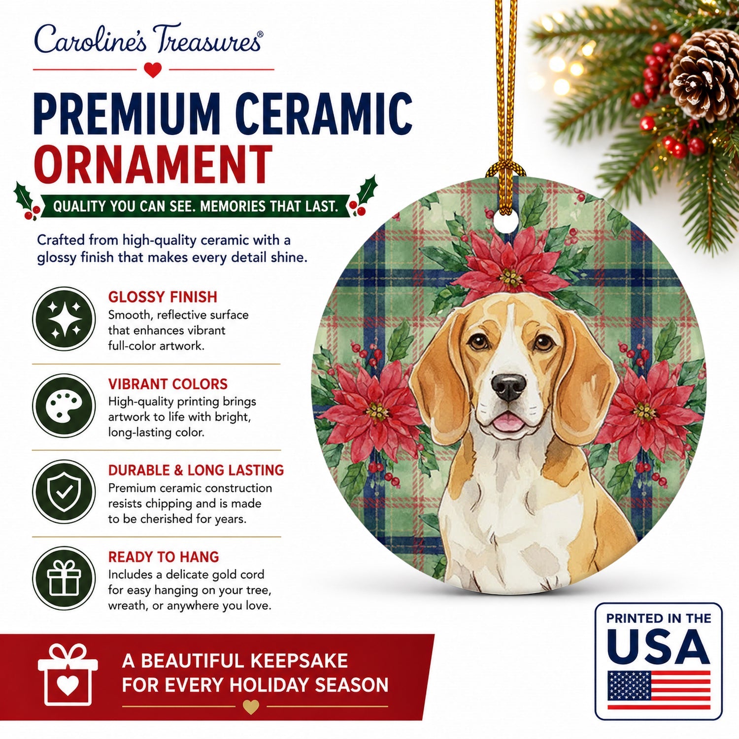Lemon and White Beagle Christmas PoinsettIas Ceramic Ornament Christmas Tree Hanging Decorations for Home Christmas Holiday, Party, Gift, 3 in, Multicolor