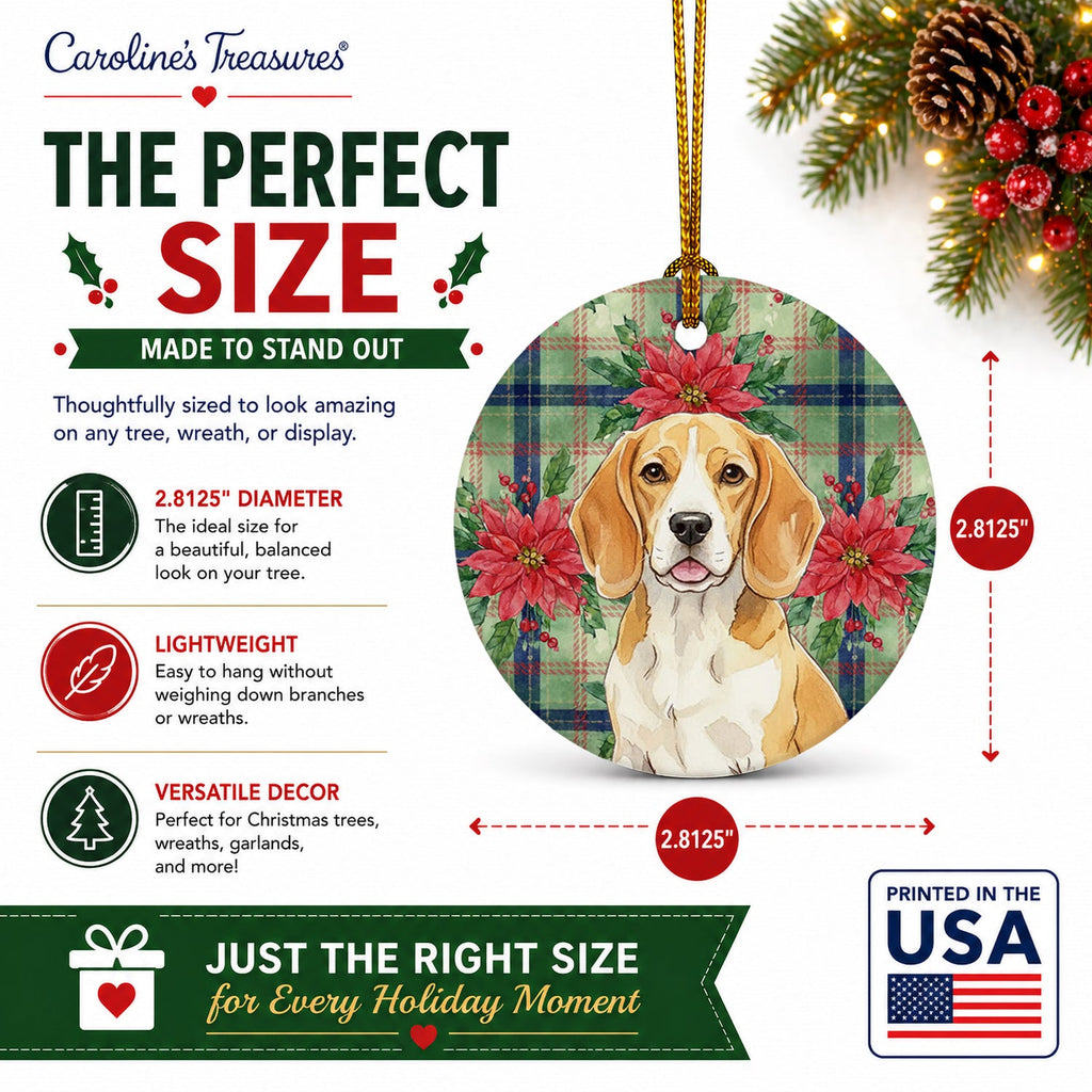 Lemon and White Beagle Christmas PoinsettIas Ceramic Ornament Christmas Tree Hanging Decorations for Home Christmas Holiday, Party, Gift, 3 in, Multicolor