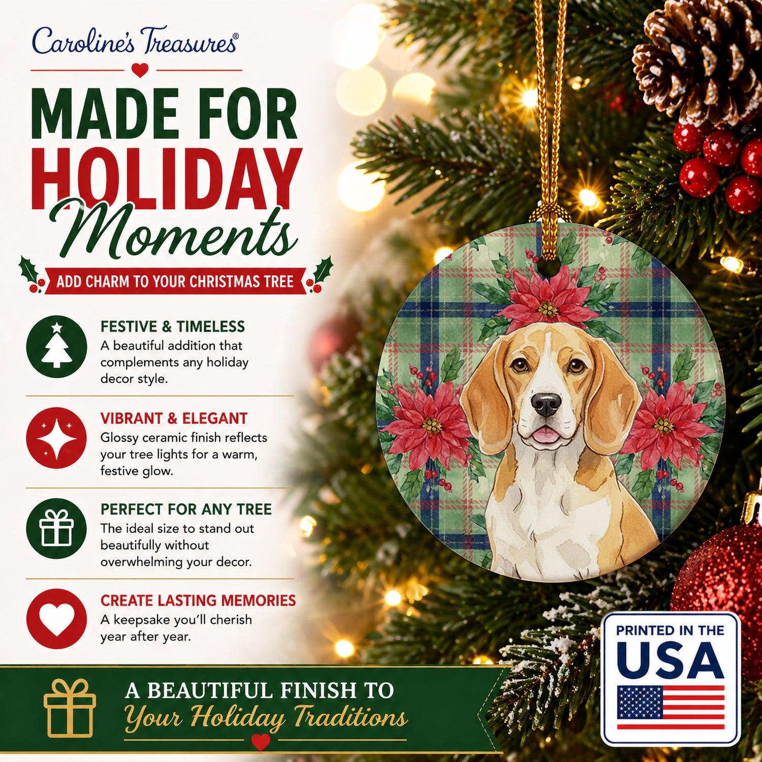 Lemon and White Beagle Christmas PoinsettIas Ceramic Ornament Christmas Tree Hanging Decorations for Home Christmas Holiday, Party, Gift, 3 in, Multicolor