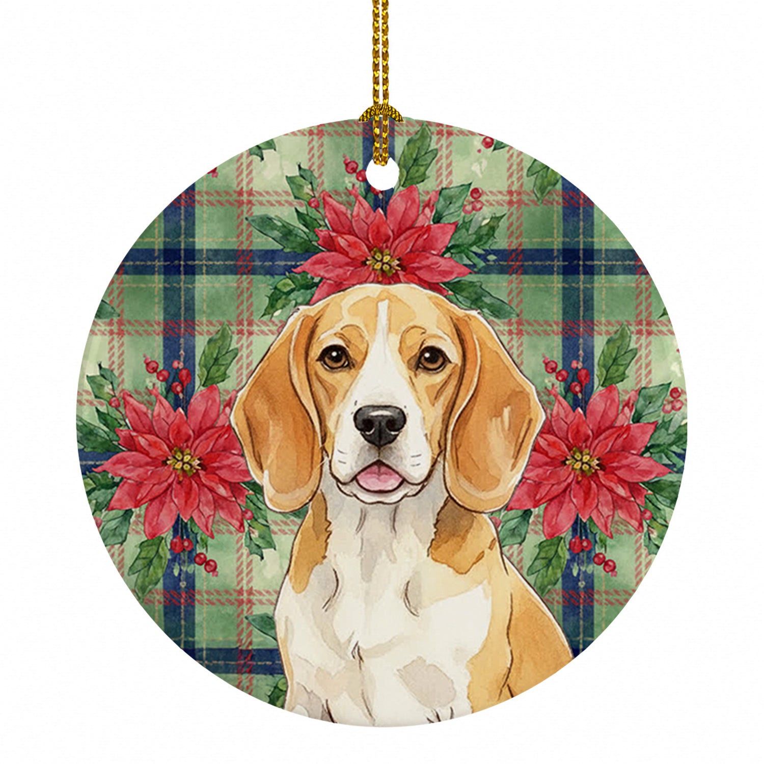Lemon and White Beagle Christmas PoinsettIas Ceramic Ornament Christmas Tree Hanging Decorations for Home Christmas Holiday, Party, Gift, 3 in, Multicolor
