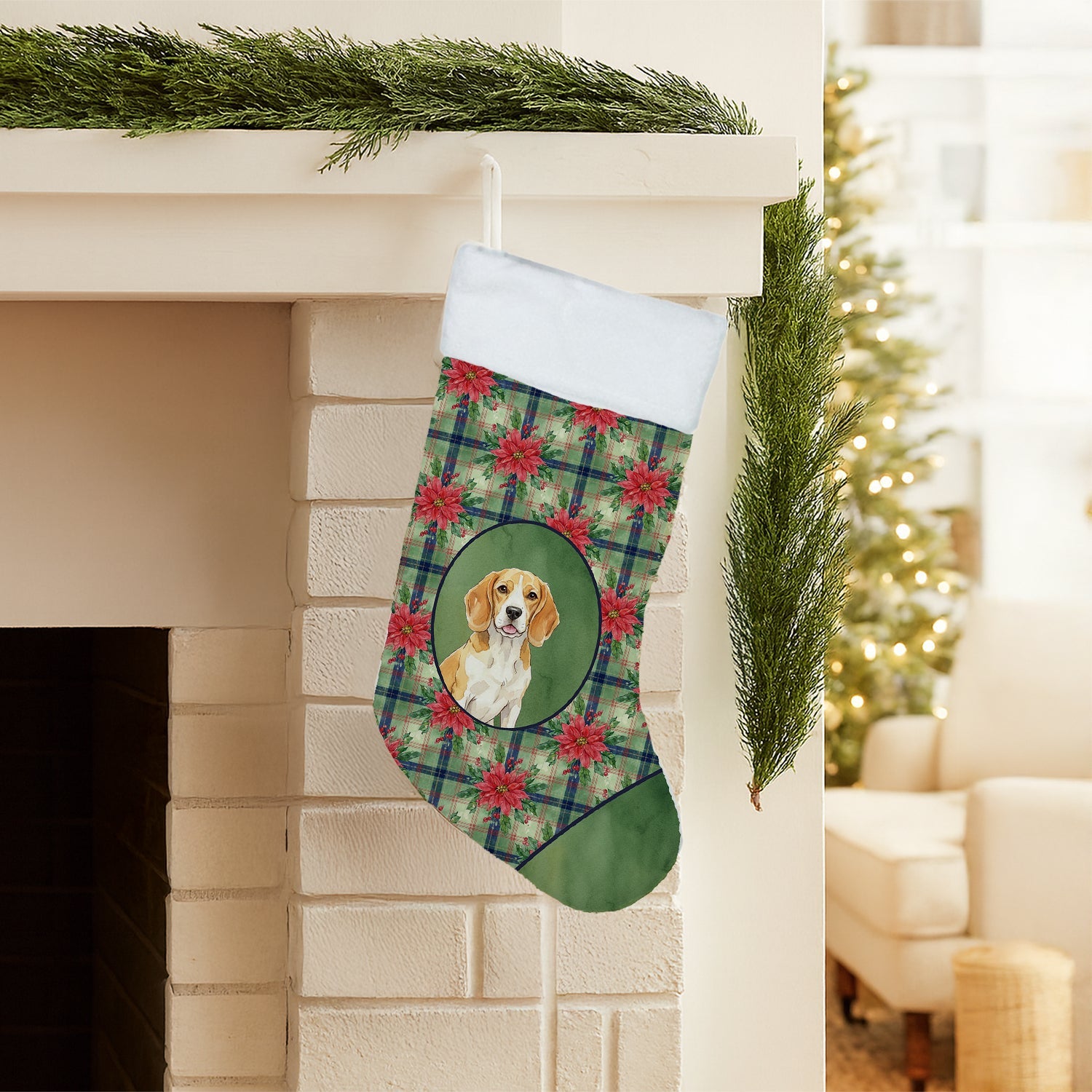 Lemon and White Beagle Christmas PoinsettIas Holiday Stocking Double-Sided Print, Polyester Suede,11x18, Made in USA