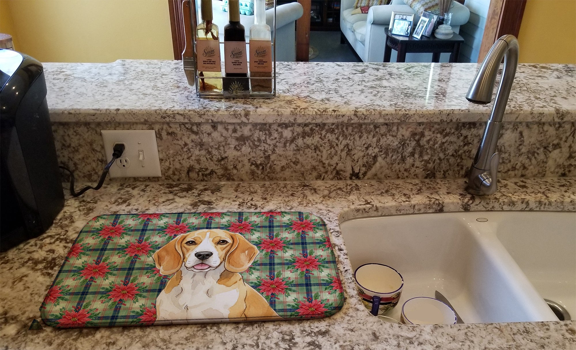 Lemon and White Beagle Christmas PoinsettIas Dish Drying Mat Absorbent Dish Drying Mat Pad for Kitchen Counter Dish Drainer Mat for Countertop, 14 x 21", Multicolor