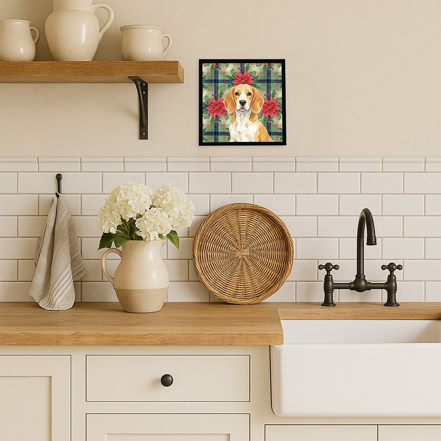 Lemon and White Beagle Christmas PoinsettIas Framed Metal Print Bathroom, Kitchen, Office, Home Decor Wall Art Ready to Hang, Square, 8X8