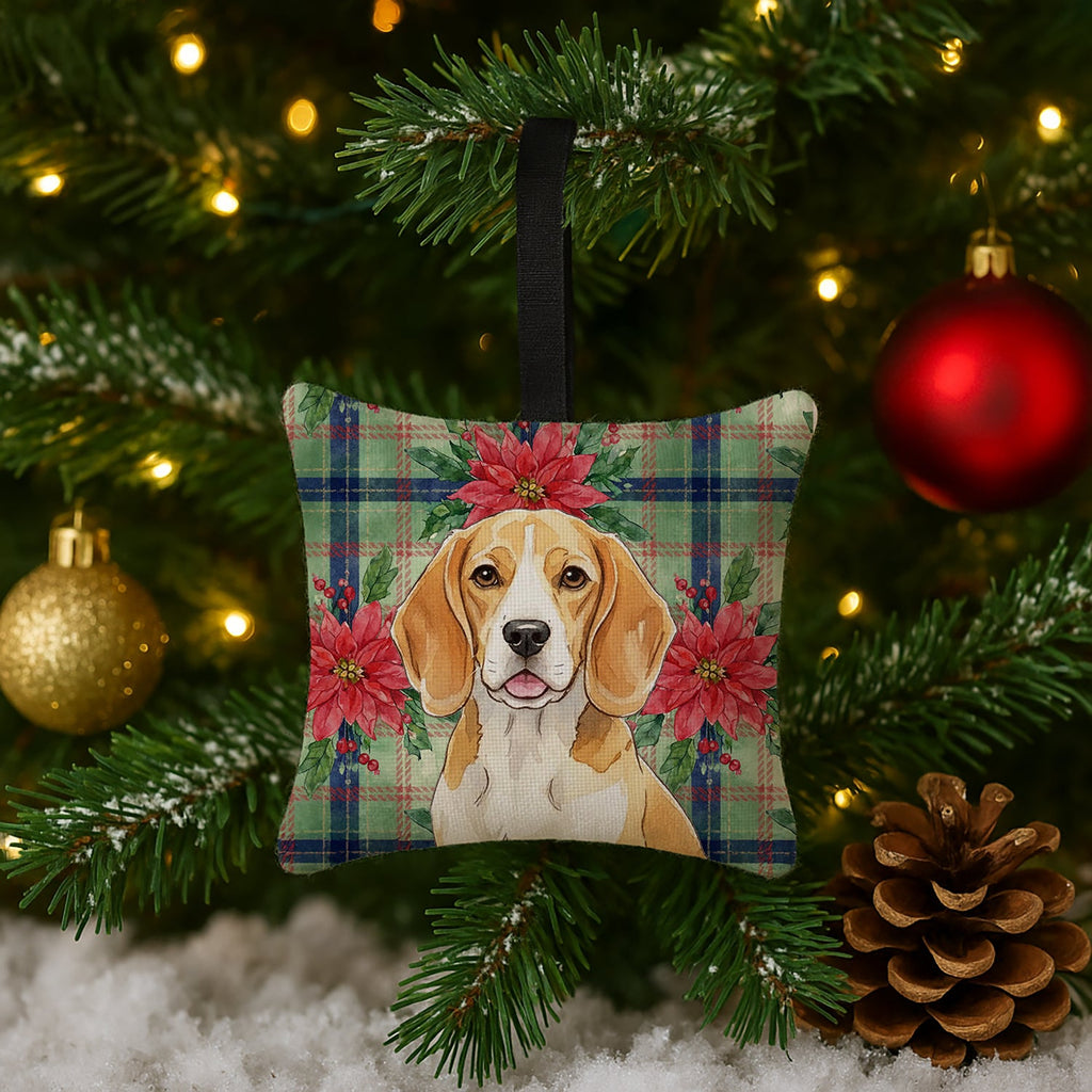 Lemon and White Beagle Christmas PoinsettIas Hanging Square Fabric Ornament 3.5 � 3.5 Decorative Door-Knob & Tree Hanger, Soft Fabric