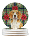 Lemon and White Beagle Christmas PoinsettIas Large Sandstone Coasters Pack of 4 Absorbent Round Coasters Decor Gifts for Men or Women, 4 in, Multicolor