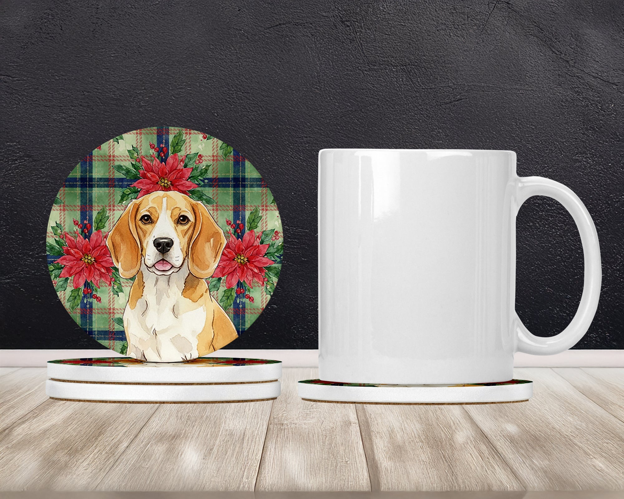 Lemon and White Beagle Christmas PoinsettIas Large Sandstone Coasters Pack of 4 Absorbent Round Coasters Decor Gifts for Men or Women, 4 in, Multicolor