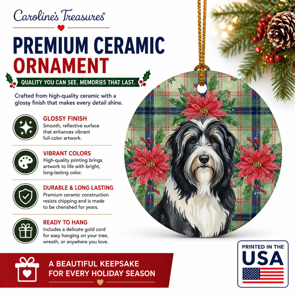 Black Bearded Collie Christmas PoinsettIas Ceramic Ornament Christmas Tree Hanging Decorations for Home Christmas Holiday, Party, Gift, 3 in, Multicolor