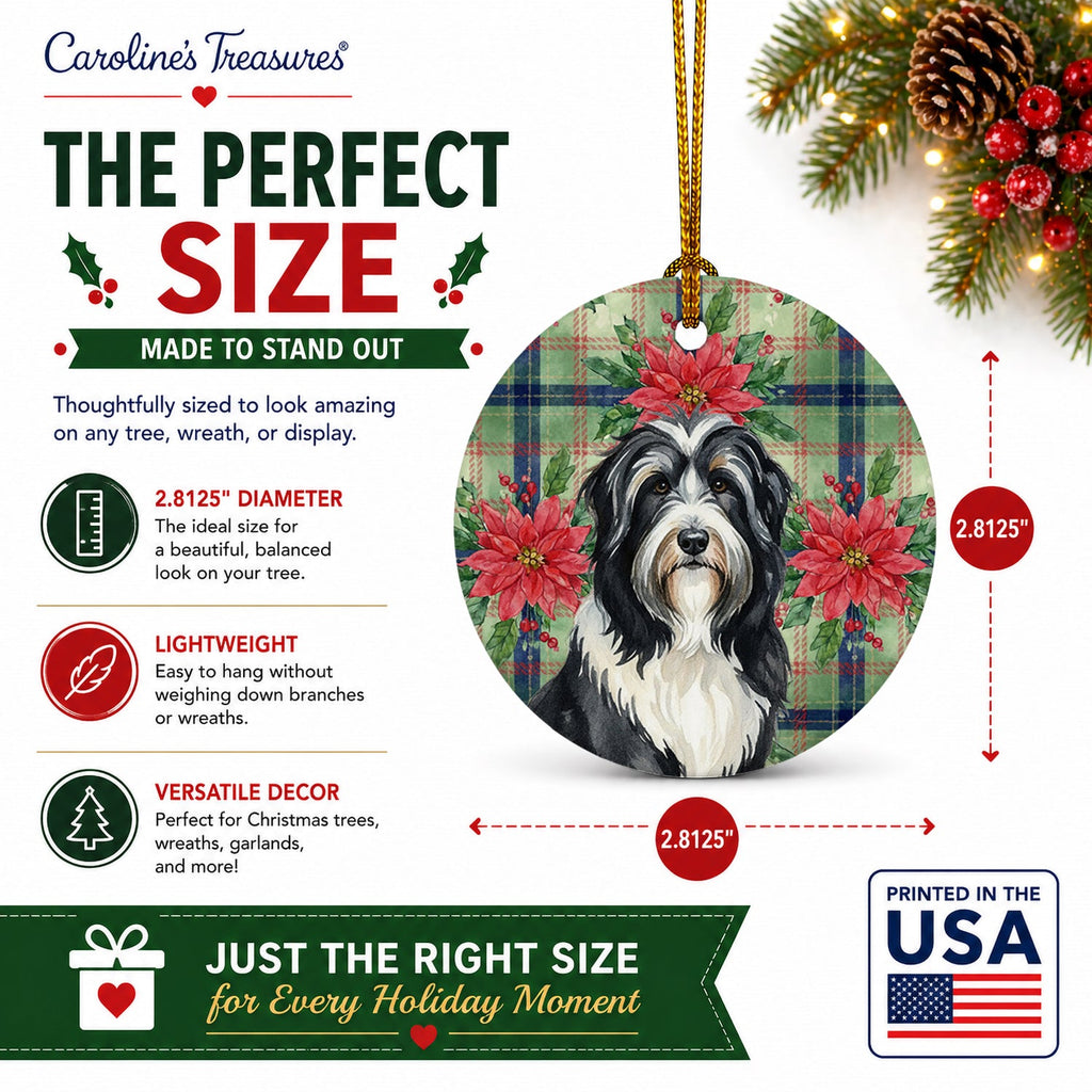 Black Bearded Collie Christmas PoinsettIas Ceramic Ornament Christmas Tree Hanging Decorations for Home Christmas Holiday, Party, Gift, 3 in, Multicolor