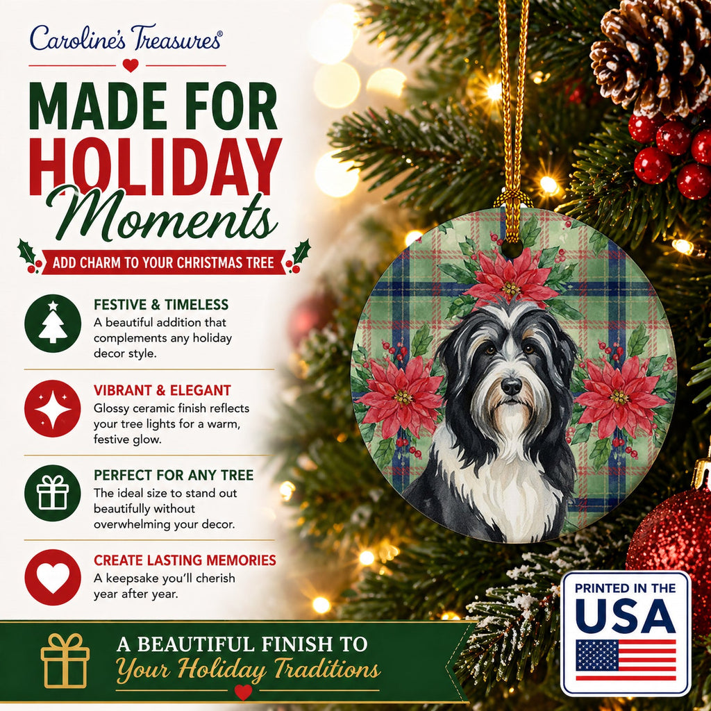 Black Bearded Collie Christmas PoinsettIas Ceramic Ornament Christmas Tree Hanging Decorations for Home Christmas Holiday, Party, Gift, 3 in, Multicolor