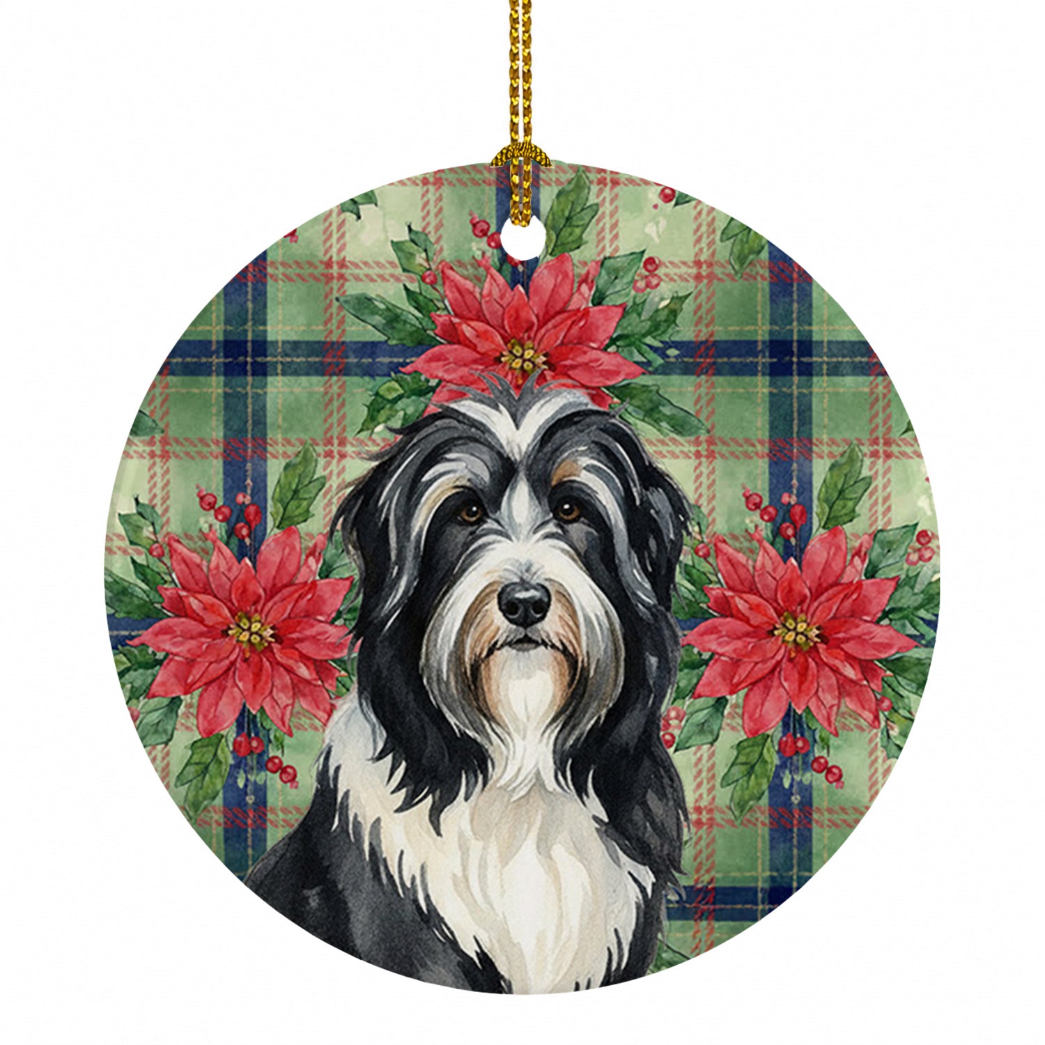 Black Bearded Collie Christmas PoinsettIas Ceramic Ornament Christmas Tree Hanging Decorations for Home Christmas Holiday, Party, Gift, 3 in, Multicolor
