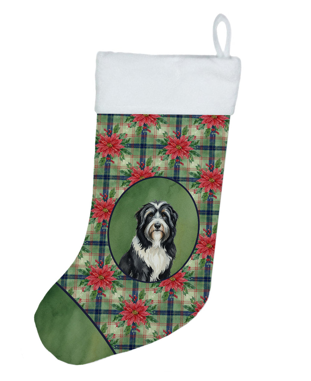 Black Bearded Collie Christmas PoinsettIas Holiday Stocking Double-Sided Print, Polyester Suede,11x18, Made in USA